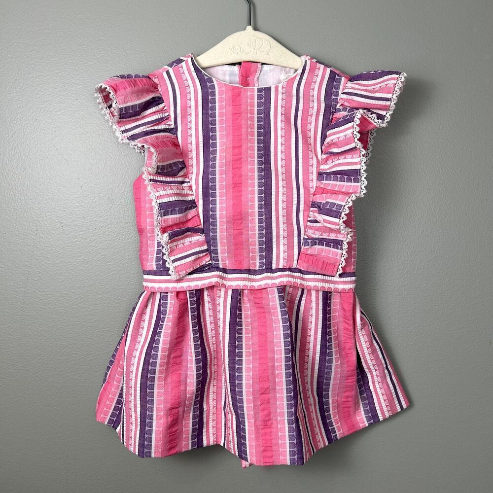 Vintage 70's Pinafore Dress Toddler Girl's Pink Purple Ruffle Stripe Summer Mini